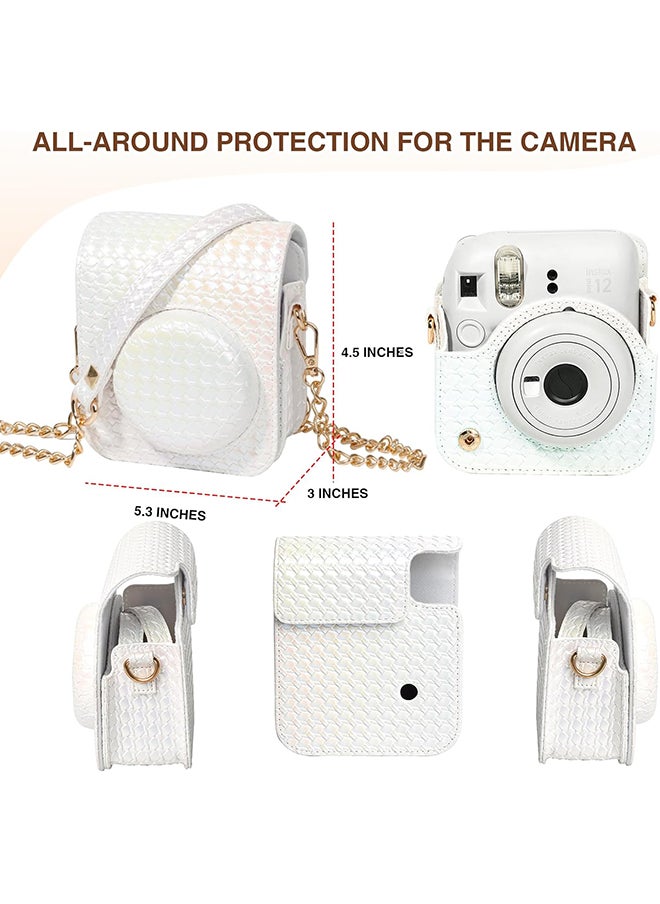 Camera Case for Fujifilm Instax Mini 12 Instant Camera, PU Leather Glitter Woven Camera Bag with Shoulder Strap & 64 Pockets Mini Photo Album- White