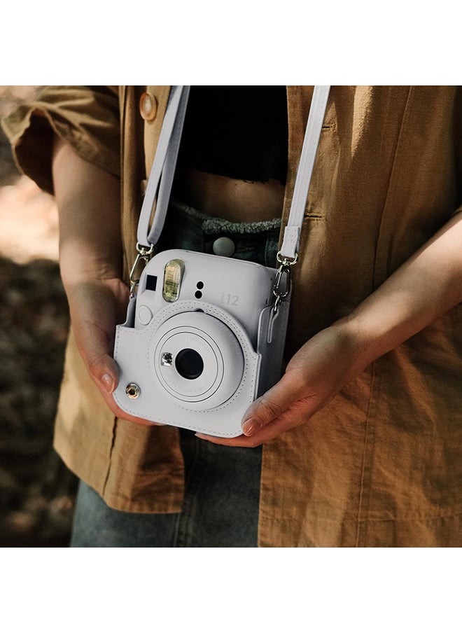 PU Leather Camera Case for Fujifilm Instax Mini 12 Instant Camera | Protective Camera Cover with Adjustable Shoulder Strap - Clay White