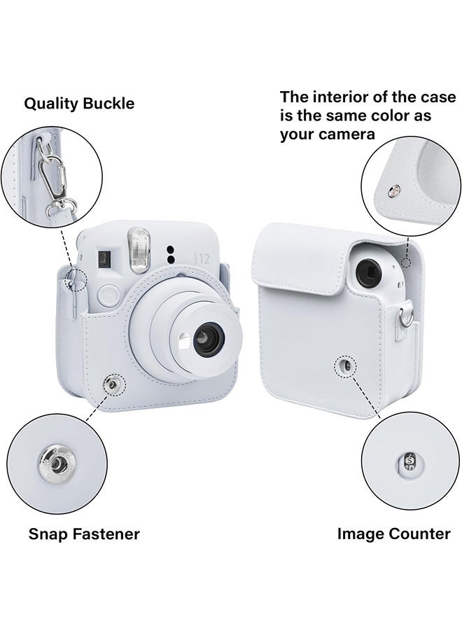 PU Leather Camera Case for Fujifilm Instax Mini 12 Instant Camera | Protective Camera Cover with Adjustable Shoulder Strap - Clay White