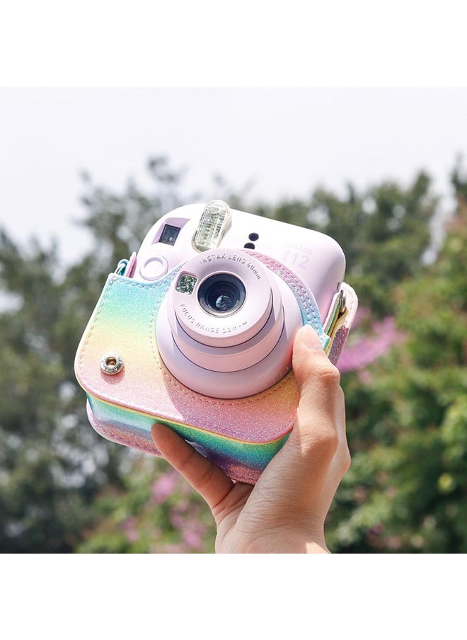 Protective Camera Case for Fujifilm Instax Mini 12 Instant Camera PU Leather Glitter Gradient Style Camera Bag with Shoulder Strap- Rainbow