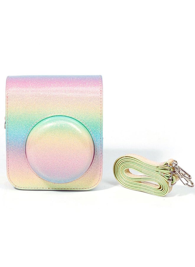 Protective Camera Case for Fujifilm Instax Mini 12 Instant Camera PU Leather Glitter Gradient Style Camera Bag with Shoulder Strap- Rainbow