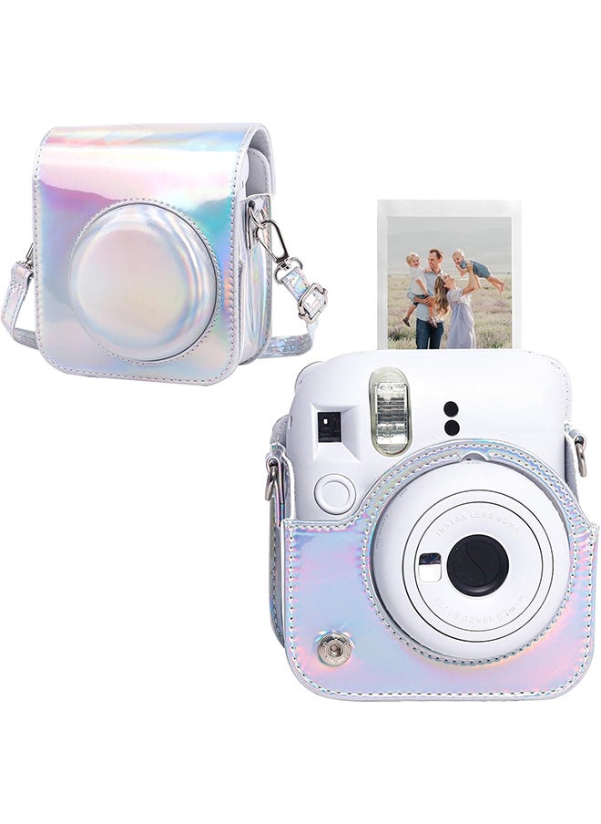 Protective Camera Case for Fujifilm Instax Mini 12 Instant Camera|PU Leather Camera Cover with Adjustable Shoulder Strap - iridescent silver