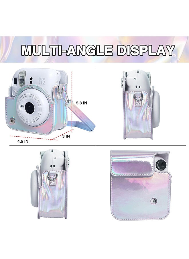 Protective Camera Case for Fujifilm Instax Mini 12 Instant Camera|PU Leather Camera Cover with Adjustable Shoulder Strap - iridescent silver