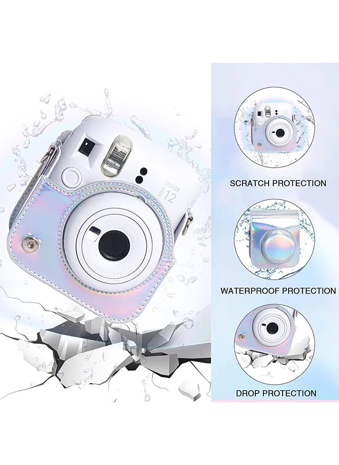 Protective Camera Case for Fujifilm Instax Mini 12 Instant Camera|PU Leather Camera Cover with Adjustable Shoulder Strap - iridescent silver