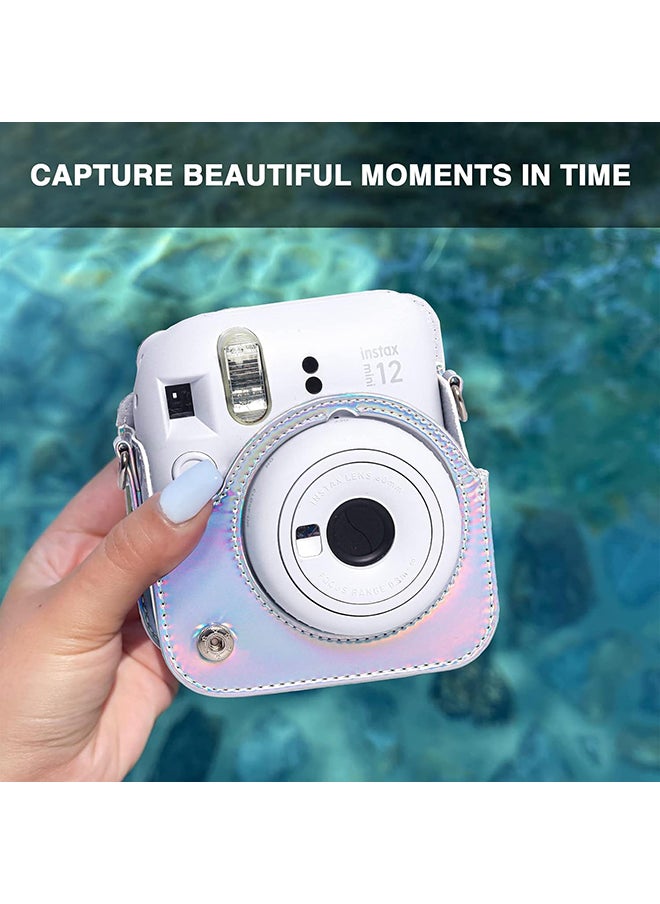 Protective Camera Case for Fujifilm Instax Mini 12 Instant Camera|PU Leather Camera Cover with Adjustable Shoulder Strap - iridescent silver