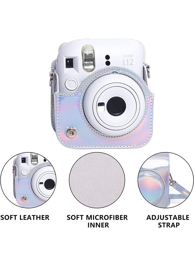 Protective Camera Case for Fujifilm Instax Mini 12 Instant Camera|PU Leather Camera Cover with Adjustable Shoulder Strap - iridescent silver