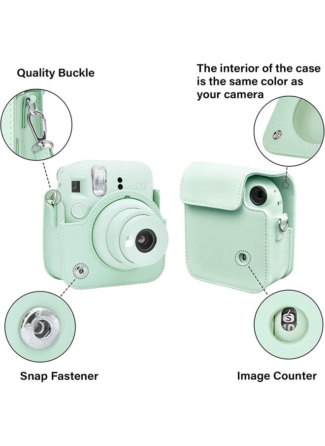 PU Leather Camera Case for Fujifilm Instax Mini 12 Instant Camera | Protective Camera Cover with Adjustable Shoulder Strap - Mint Green