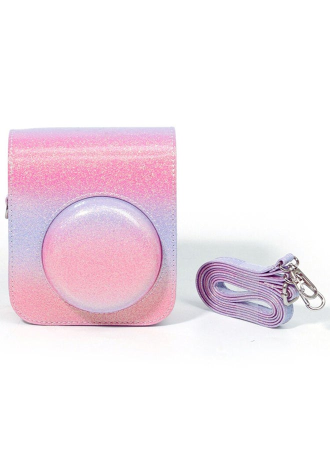 Protective Camera Case for Fujifilm Instax Mini 12 Instant Camera PU Leather Glitter Gradient Style Camera Bag with Shoulder Strap- Pink-Purple