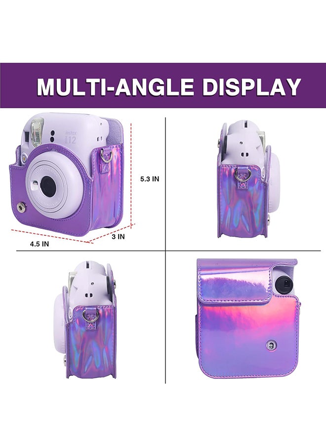 Protective Camera Case for Fujifilm Instax Mini 12 Instant Camera|PU Leather Camera Cover with Adjustable Shoulder Strap - iridescent purple