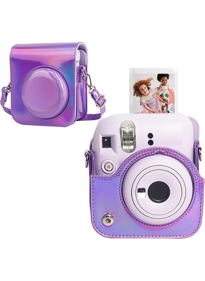 Protective Camera Case for Fujifilm Instax Mini 12 Instant Camera|PU Leather Camera Cover with Adjustable Shoulder Strap - iridescent purple