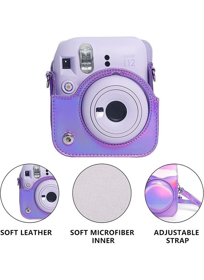 Protective Camera Case for Fujifilm Instax Mini 12 Instant Camera|PU Leather Camera Cover with Adjustable Shoulder Strap - iridescent purple