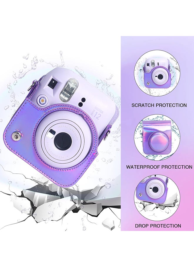 Protective Camera Case for Fujifilm Instax Mini 12 Instant Camera|PU Leather Camera Cover with Adjustable Shoulder Strap - iridescent purple