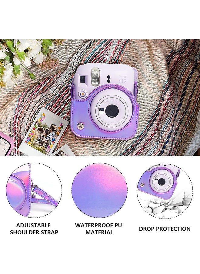 Protective Camera Case for Fujifilm Instax Mini 12 Instant Camera|PU Leather Camera Cover with Adjustable Shoulder Strap - iridescent purple