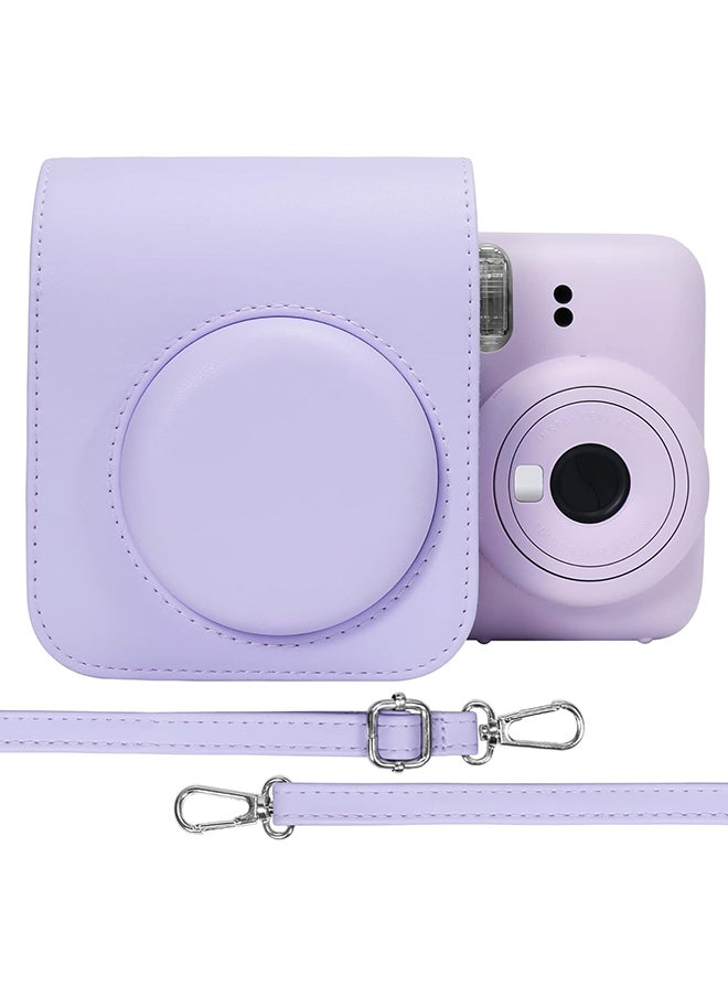 PU Leather Camera Case for Fujifilm Instax Mini 12 Instant Camera | Protective Camera Cover with Adjustable Shoulder Strap - Lilac Purple