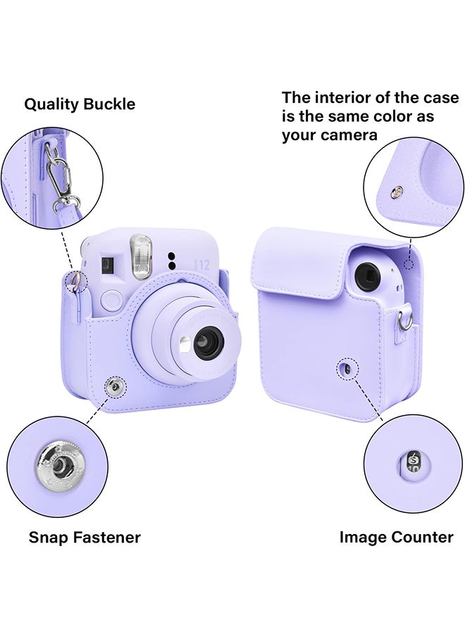 PU Leather Camera Case for Fujifilm Instax Mini 12 Instant Camera | Protective Camera Cover with Adjustable Shoulder Strap - Lilac Purple