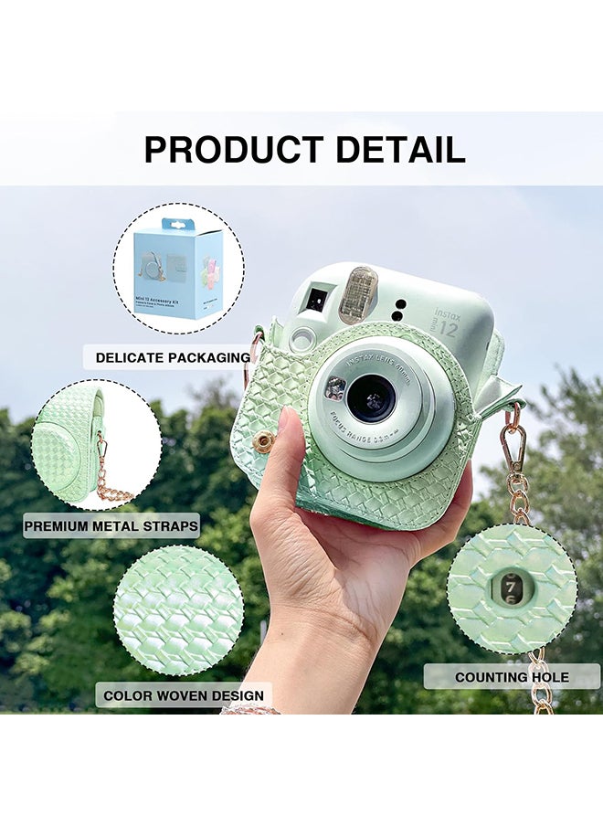 Camera Case for Fujifilm Instax Mini 12 Instant Camera,PU Leather Glitter Woven Camera Bag with Shoulder Strap & 64 Pockets Photo Album- Light Green