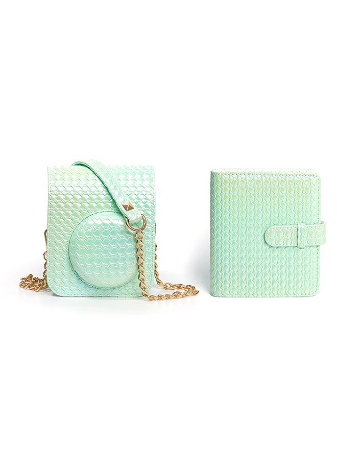 Camera Case for Fujifilm Instax Mini 12 Instant Camera,PU Leather Glitter Woven Camera Bag with Shoulder Strap & 64 Pockets Photo Album- Light Green