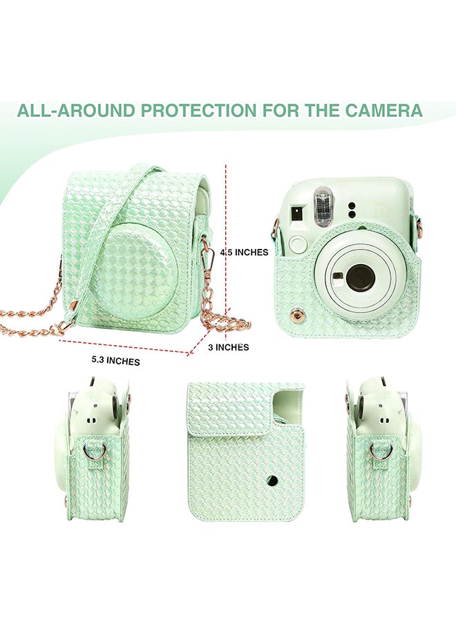 Camera Case for Fujifilm Instax Mini 12 Instant Camera,PU Leather Glitter Woven Camera Bag with Shoulder Strap & 64 Pockets Photo Album- Light Green