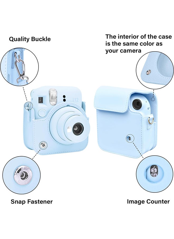 PU Leather Camera Case for Fujifilm Instax Mini 12 Instant Camera | Protective Camera Cover with Adjustable Shoulder Strap - Pastel Blue