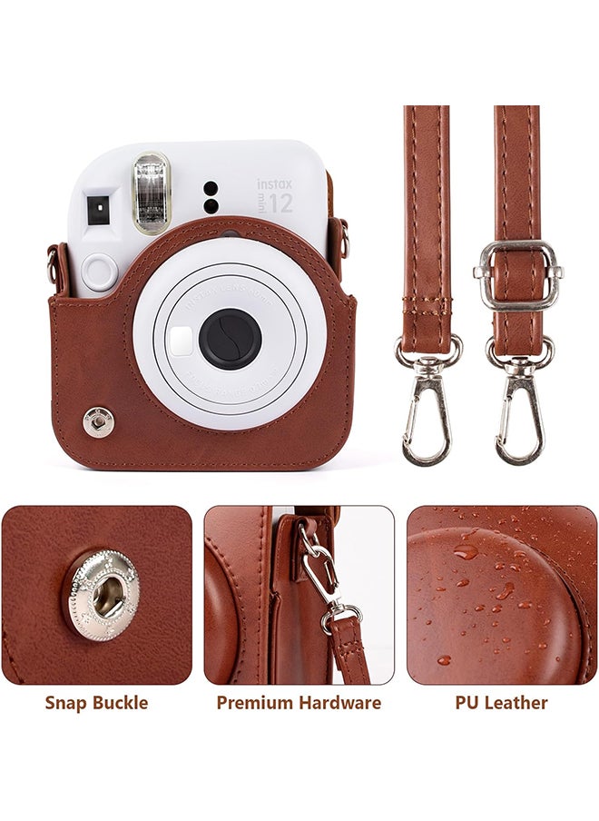 PU Leather Camera Case for Fujifilm Instax Mini 12 Instant Camera | Protective Camera Cover with Adjustable Shoulder Strap- Dark Brown