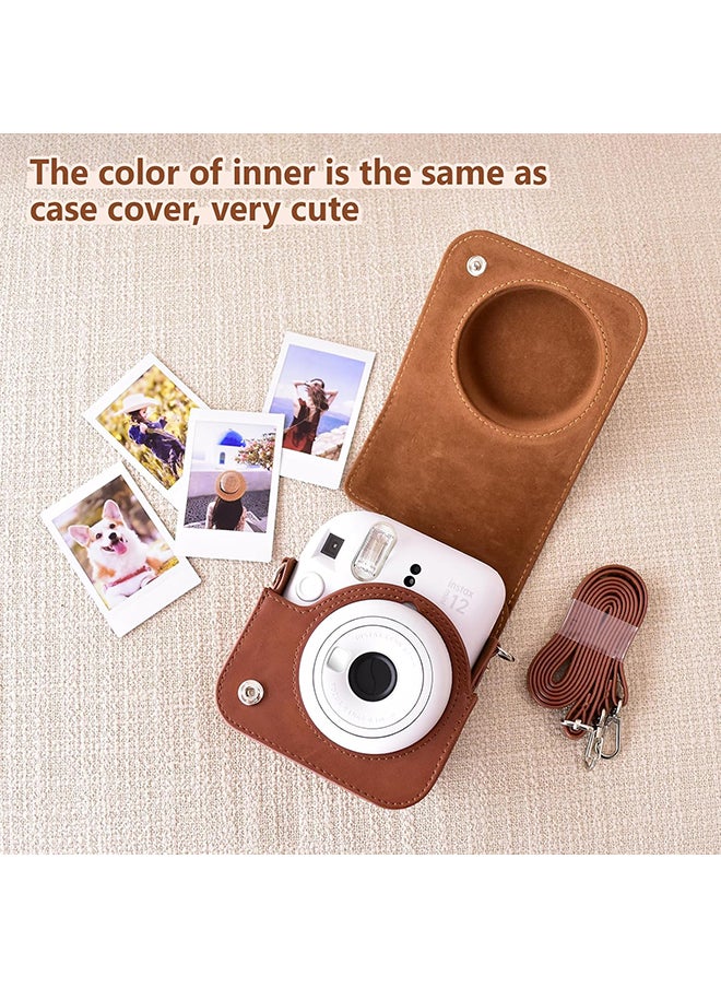 PU Leather Camera Case for Fujifilm Instax Mini 12 Instant Camera | Protective Camera Cover with Adjustable Shoulder Strap- Dark Brown