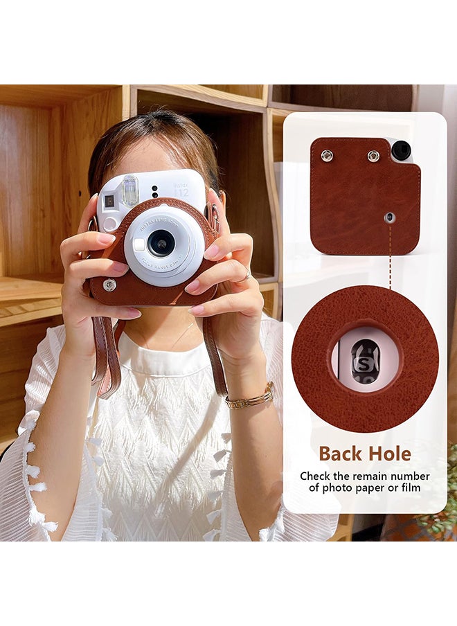 PU Leather Camera Case for Fujifilm Instax Mini 12 Instant Camera | Protective Camera Cover with Adjustable Shoulder Strap- Dark Brown