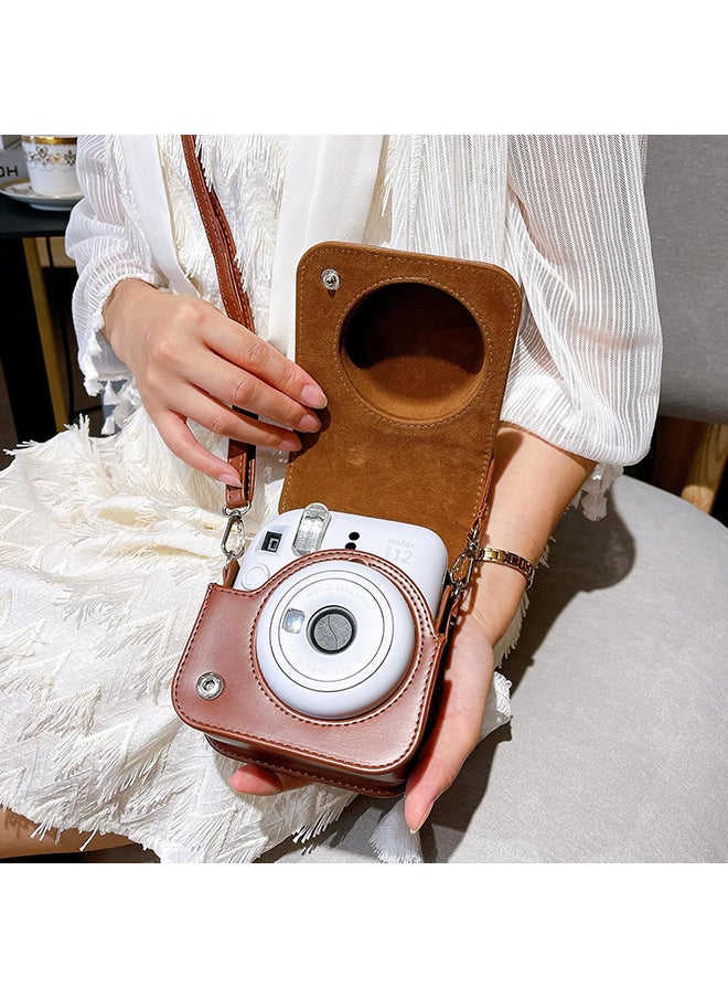 PU Leather Camera Case for Fujifilm Instax Mini 12 Instant Camera | Protective Camera Cover with Adjustable Shoulder Strap- Dark Brown