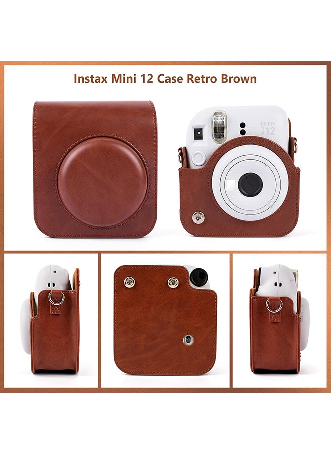 PU Leather Camera Case for Fujifilm Instax Mini 12 Instant Camera | Protective Camera Cover with Adjustable Shoulder Strap- Dark Brown