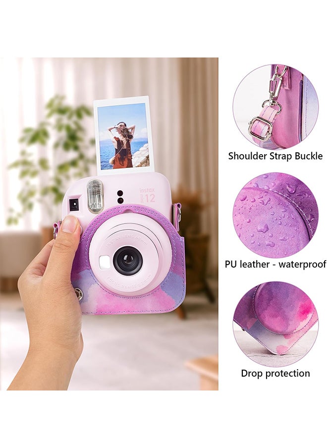 PU Leather Camera Case for Fujifilm Instax Mini 12 Instant Camera | Protective Camera Cover with Adjustable Shoulder Strap - Pink Cloud