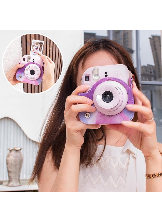 PU Leather Camera Case for Fujifilm Instax Mini 12 Instant Camera | Protective Camera Cover with Adjustable Shoulder Strap - Pink Cloud