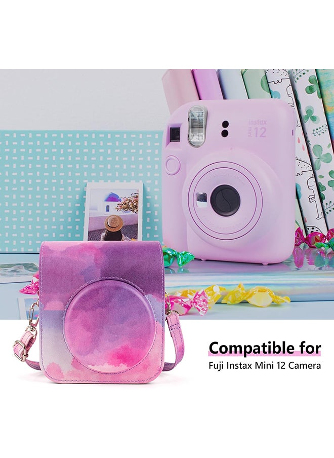 PU Leather Camera Case for Fujifilm Instax Mini 12 Instant Camera | Protective Camera Cover with Adjustable Shoulder Strap - Pink Cloud