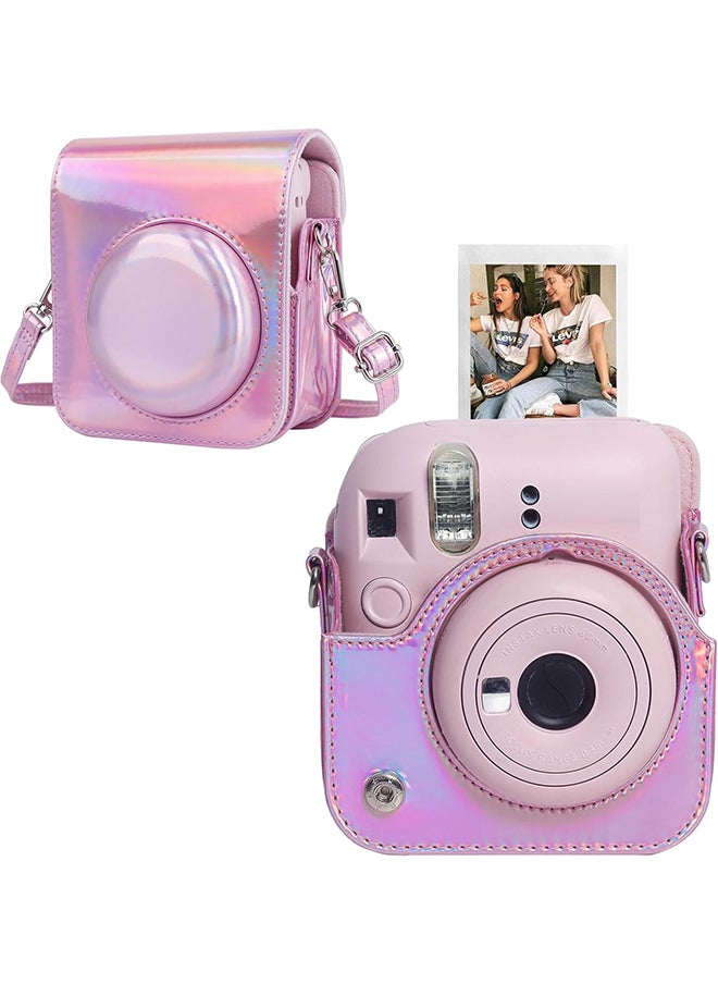 Protective Camera Case for Fujifilm Instax Mini 12 Instant Camera |PU Leather Camera Cover with Adjustable Shoulder Strap - iridescent pink