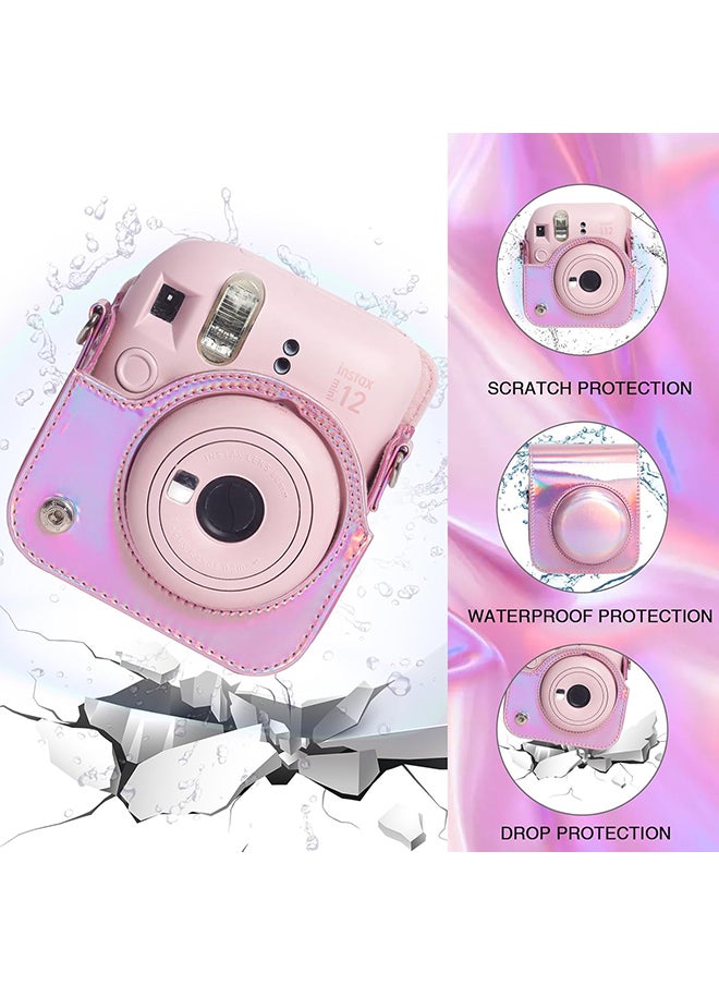 Protective Camera Case for Fujifilm Instax Mini 12 Instant Camera |PU Leather Camera Cover with Adjustable Shoulder Strap - iridescent pink