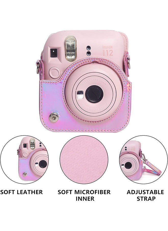 Protective Camera Case for Fujifilm Instax Mini 12 Instant Camera |PU Leather Camera Cover with Adjustable Shoulder Strap - iridescent pink