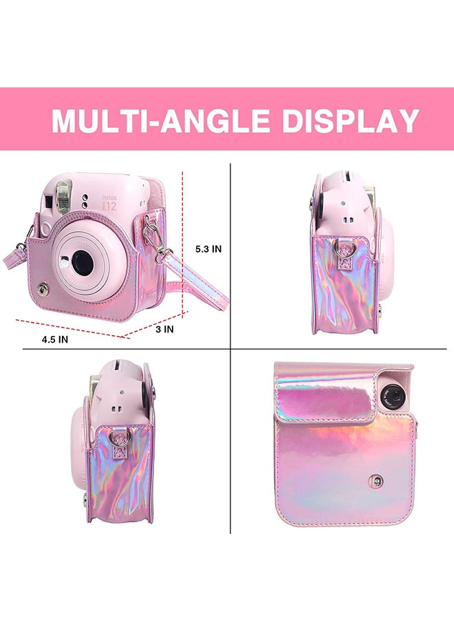 Protective Camera Case for Fujifilm Instax Mini 12 Instant Camera |PU Leather Camera Cover with Adjustable Shoulder Strap - iridescent pink