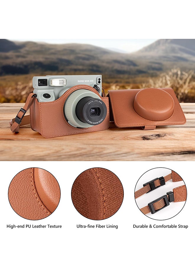 Camera Case for Instax Wide 400 Camera, PU Leather Protective Carrying Camera Bag with Adjustable Shoulder Strap- Brown