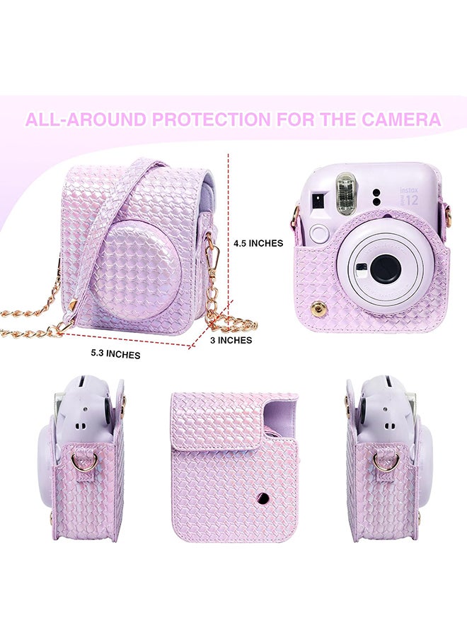 Camera Case for Fujifilm Instax Mini 12 Instant Camera, PU Leather Glitter Woven Camera Bag with Shoulder Strap & 64 Pockets Mini Photo Album- Purple