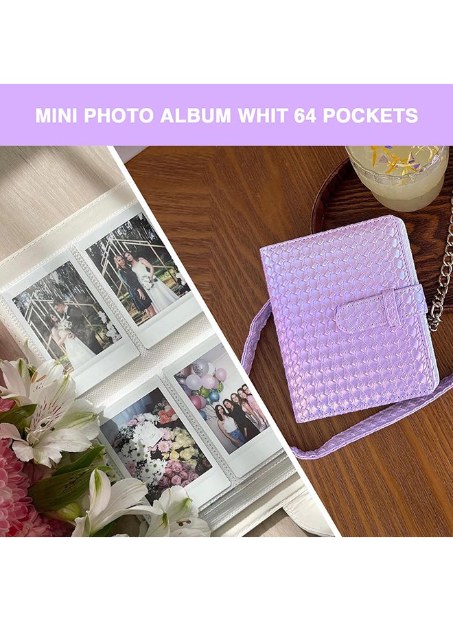 Camera Case for Fujifilm Instax Mini 12 Instant Camera, PU Leather Glitter Woven Camera Bag with Shoulder Strap & 64 Pockets Mini Photo Album- Purple