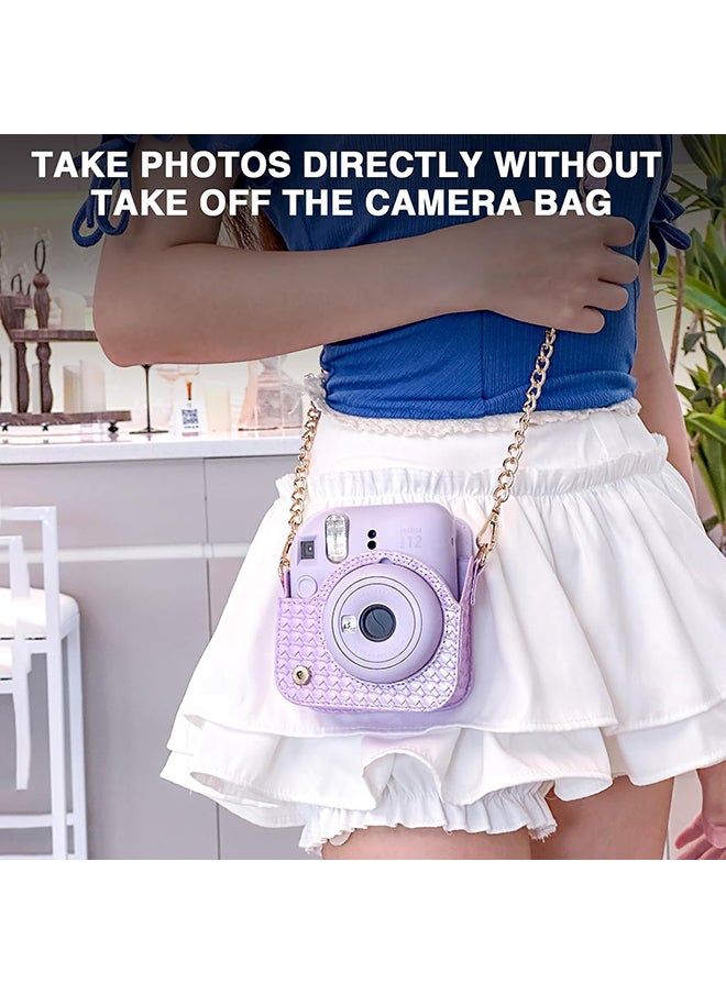 Camera Case for Fujifilm Instax Mini 12 Instant Camera, PU Leather Glitter Woven Camera Bag with Shoulder Strap & 64 Pockets Mini Photo Album- Purple