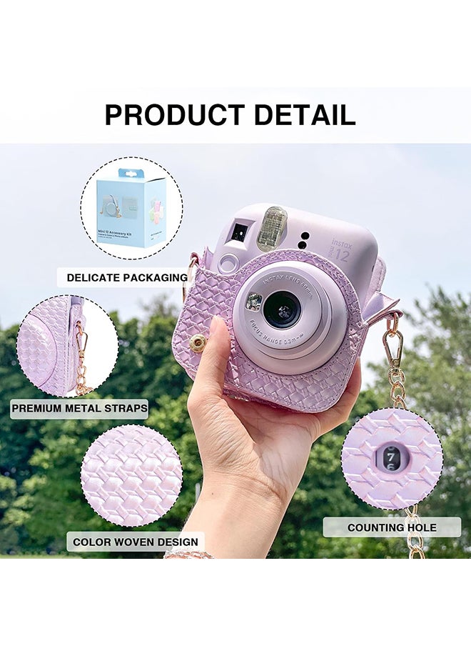 Camera Case for Fujifilm Instax Mini 12 Instant Camera, PU Leather Glitter Woven Camera Bag with Shoulder Strap & 64 Pockets Mini Photo Album- Purple