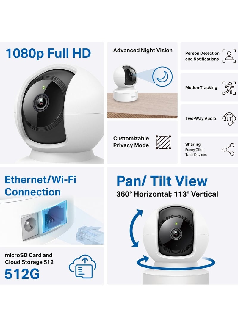 Tapo C202 1080P Wi Fi/Ethernet Camera Indoor Surveillance Camera with Person Detection Two-Way Audio Compatible with Alexa and Google Assistant for Baby/Pets