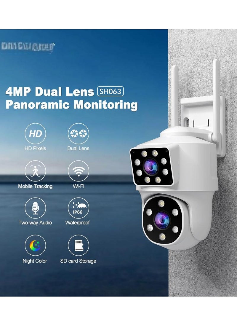 SH063 Security Camera , Dual Lens PTZ Wireless Outdoor Cameras for Home Security , IP66 Waterproof, Two installation methods, Full Color Night Vision, Two-Way Audio Talking, 24/7 Record,SD/Cloud