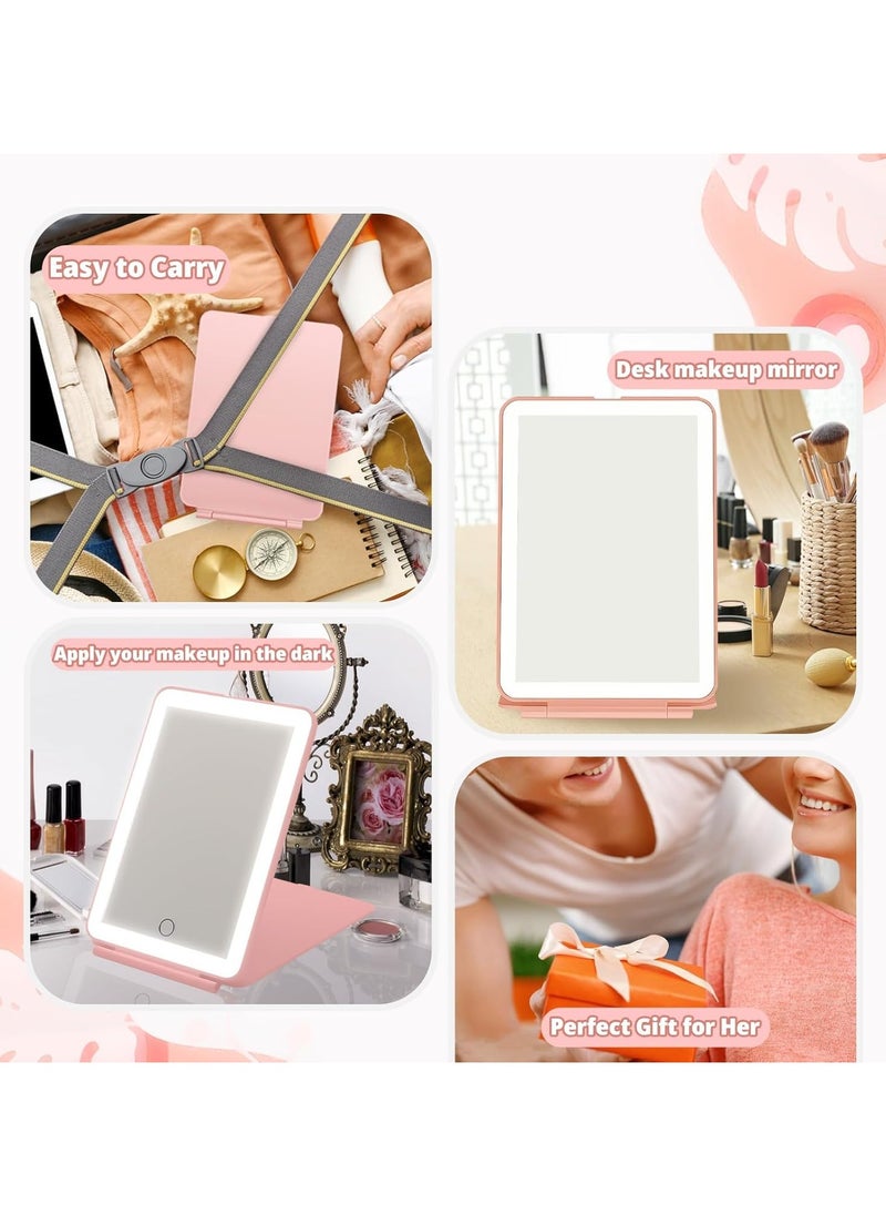 Travel Vanity Mirror - Rechargeable, 10X Magnifying LED Makeup Mirror, 3-Color Lighting, Dimmable Touch Screen, Foldable Tabletop Cosmetic Mirror, Pink