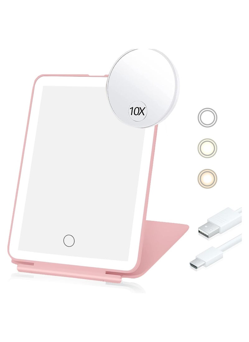 Travel Vanity Mirror - Rechargeable, 10X Magnifying LED Makeup Mirror, 3-Color Lighting, Dimmable Touch Screen, Foldable Tabletop Cosmetic Mirror, Pink