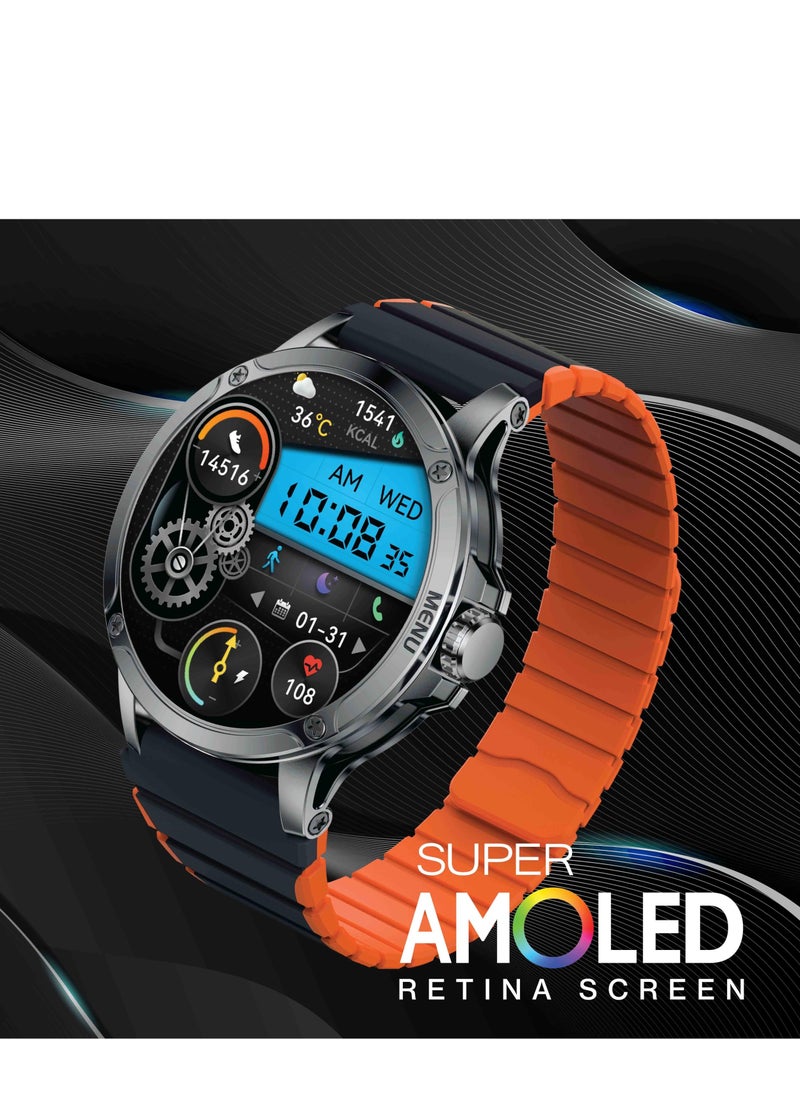 Maxwell MW Alpha Smart Watch, 40 Days Standby Time, Dial/Answer Calls, SMS BT5.2, IP68 Waterproof, Super AMOLED Retina Screen, 100+ Sports Mode, Compatible with iOS & Android, Unisex (Silver/Orange)