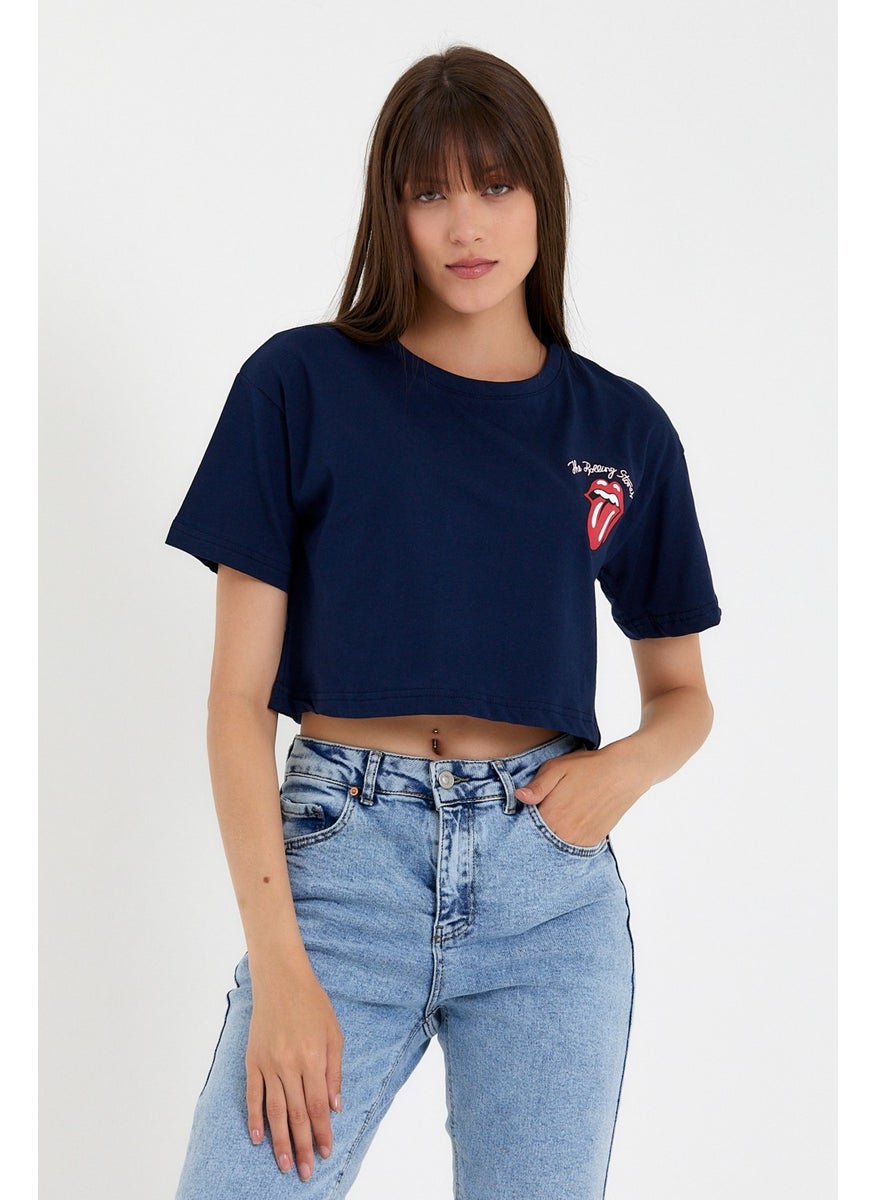 Cool Style Navy Blue Women's Tongue Front Back Printed Crop TSHIRT-XDLBYNTSTR04S