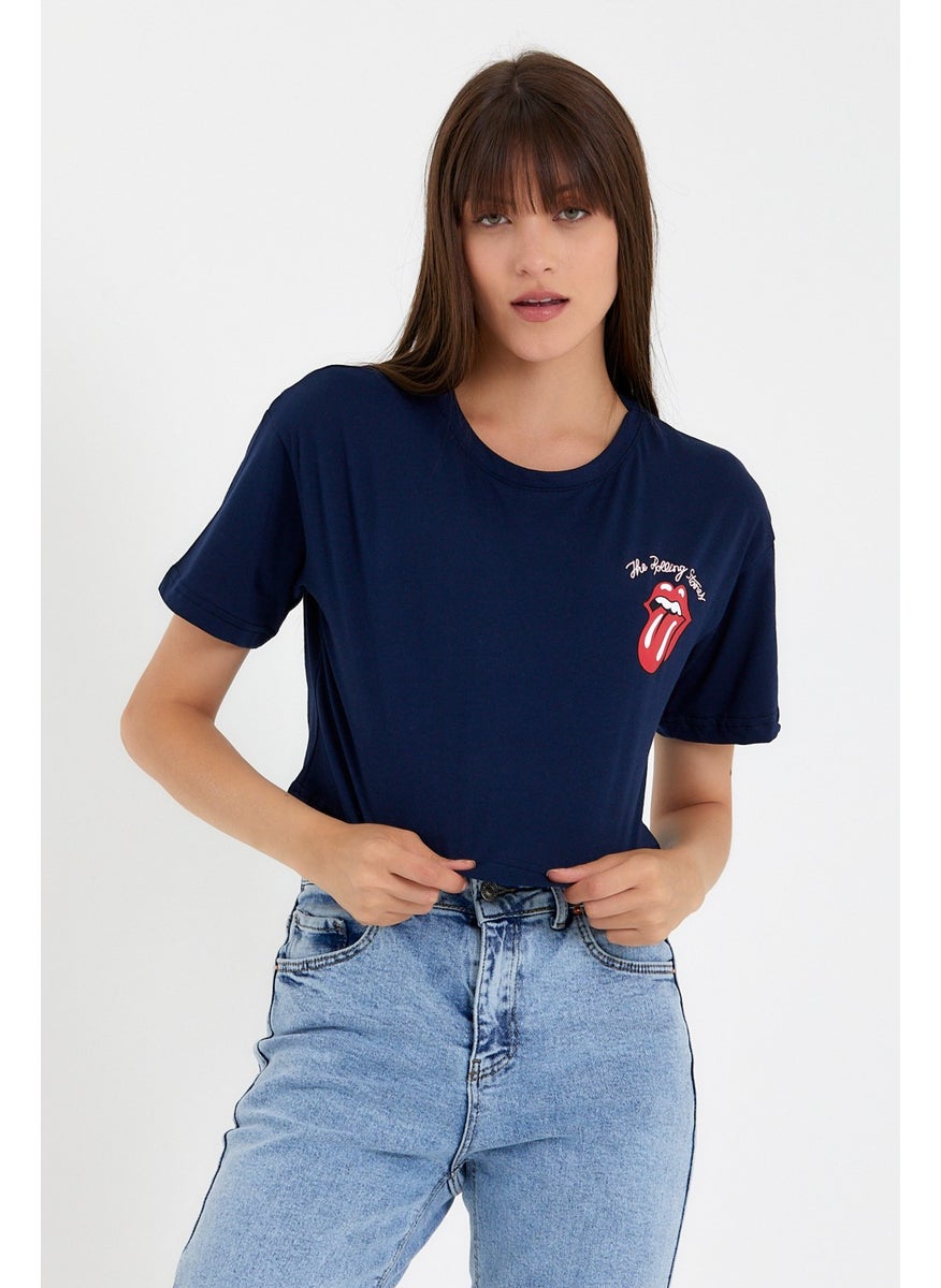 Cool Style Navy Blue Women's Tongue Front Back Printed Crop TSHIRT-XDLBYNTSTR04S