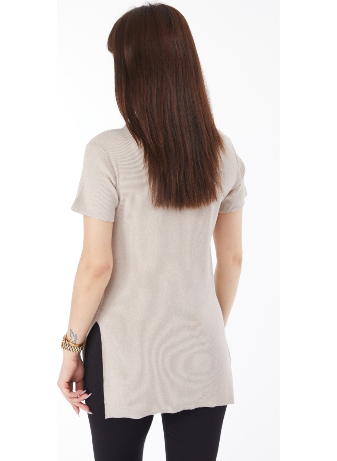 Plain Crew Neck Women's Beige Printed Slit T-Shirt - 24791