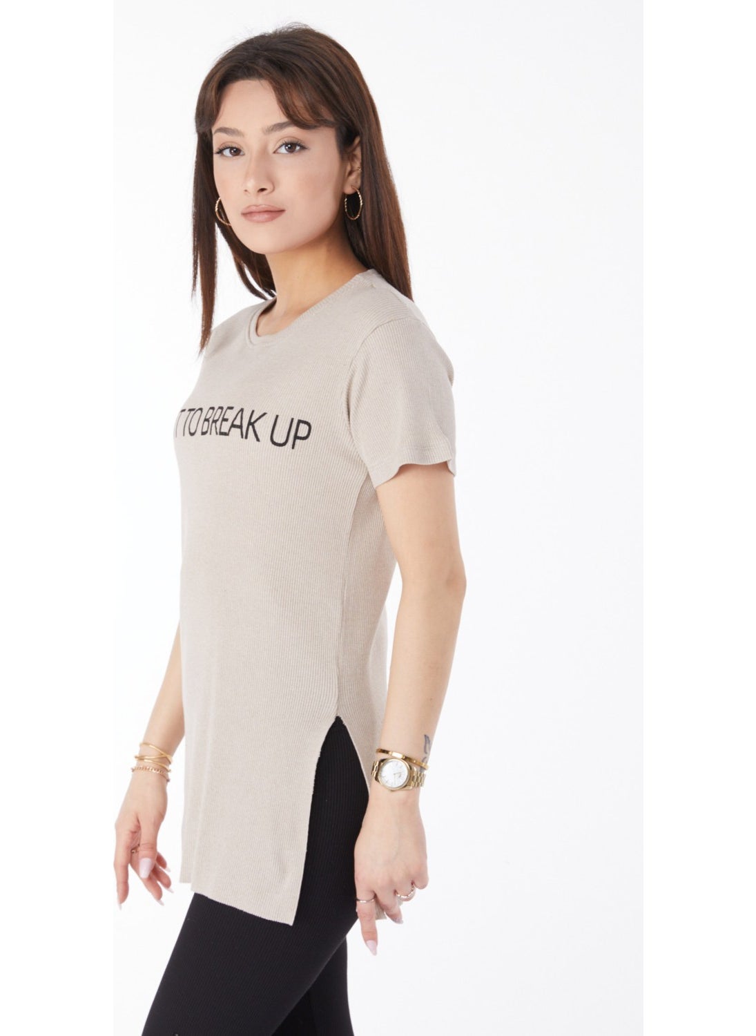 Plain Crew Neck Women's Beige Printed Slit T-Shirt - 24791