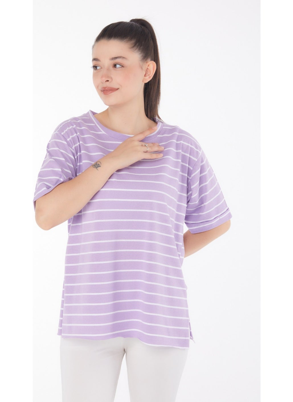 Plain Crew Neck Women's Lilac Striped Short Sleeve T-Shirt - 25840